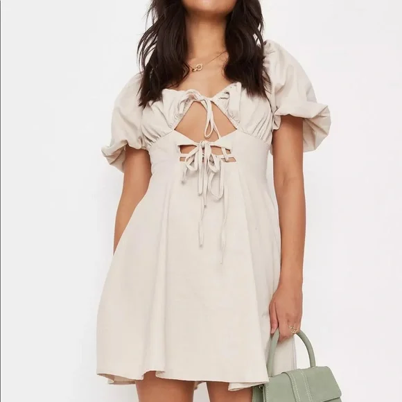 missguided white cut out dress Missguided Cream Linen Mix Cut Out Milkmaid Mini Dress